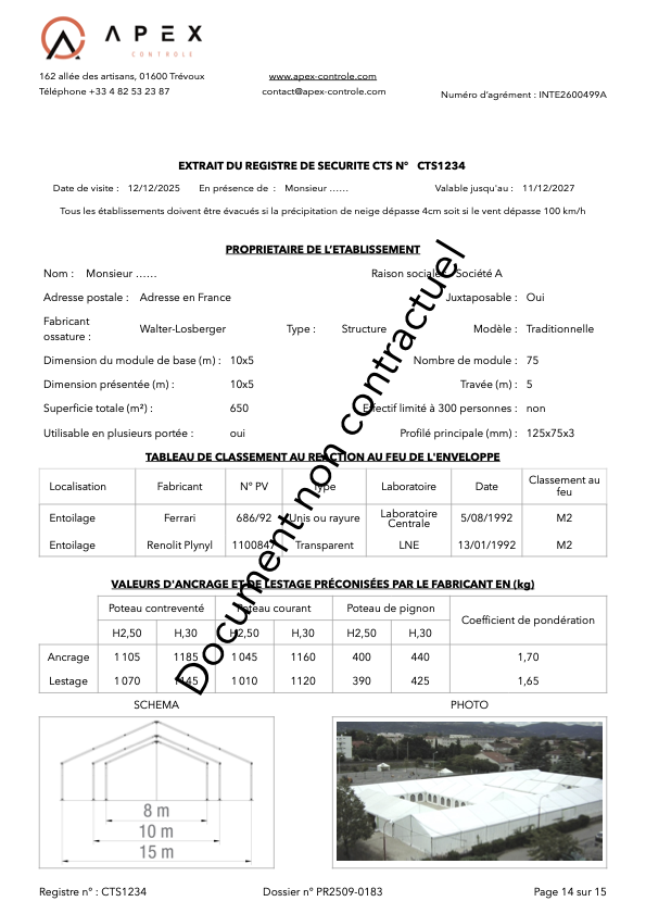 Extrait de registre de sécurité CTS établi par un bureau de vérification habilité