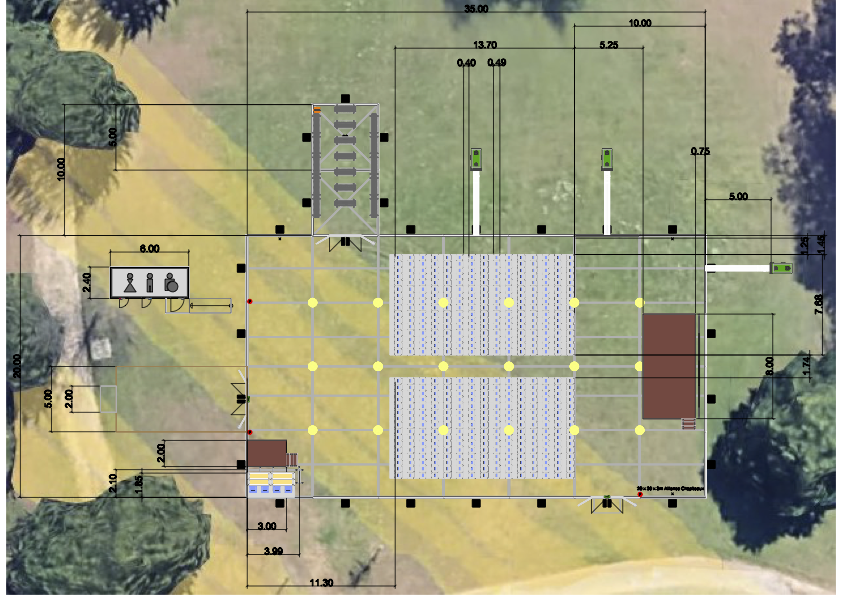Plan d’implantation d’un chapiteau CTS sur site avec vue aérienne