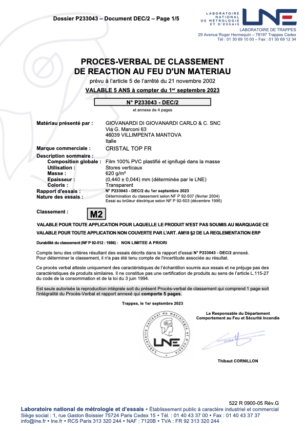 Procès-verbal de réaction au feu M2 d’une toile de chapiteau CTS