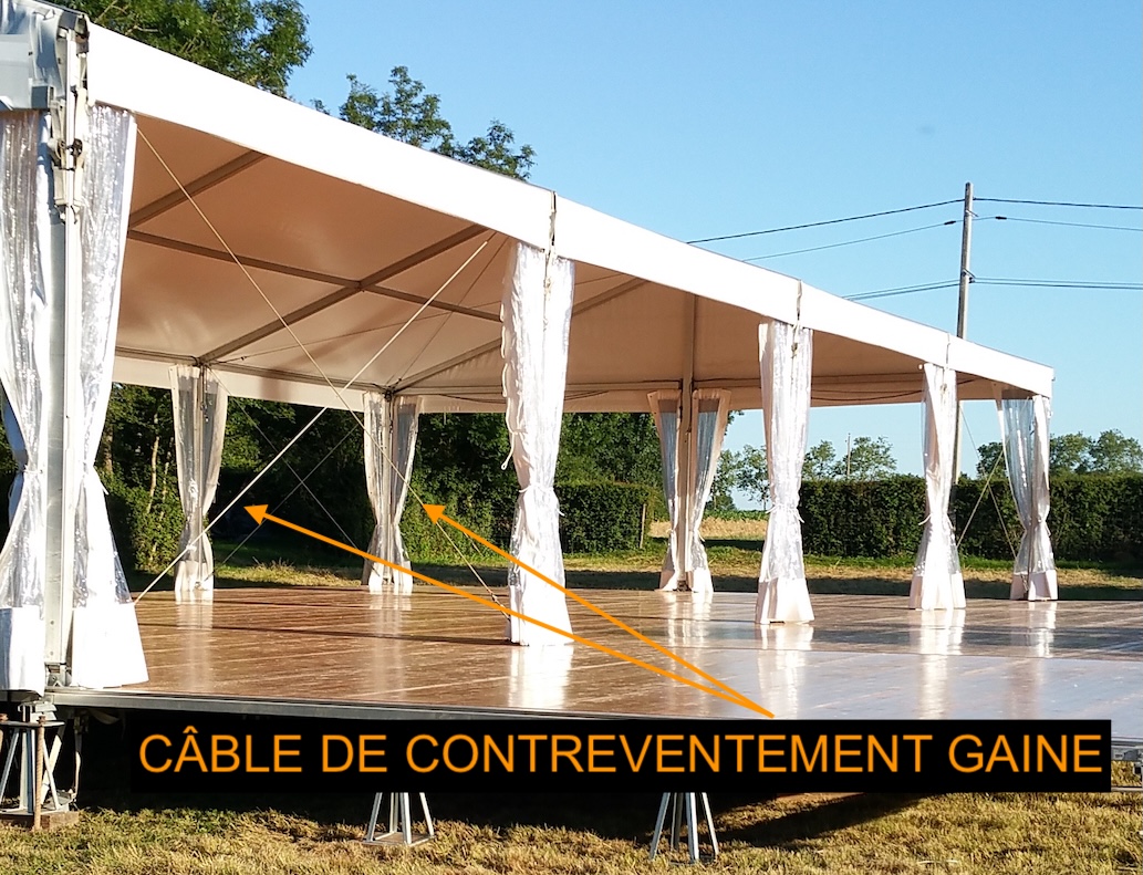 Câbles de contreventement protégés sur un chapiteau recevant du public conformément à l’article CTS 8