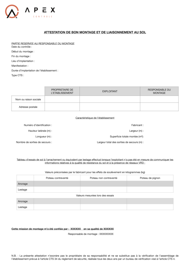 Exemple d’attestation de bon montage et de liaisonnement au sol d’un CTS